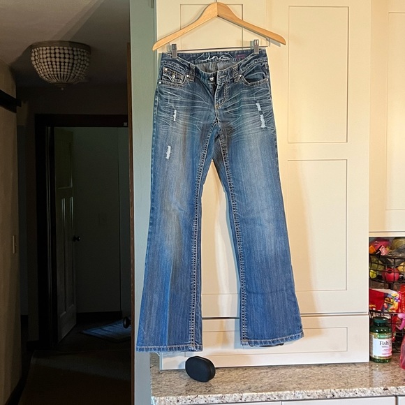 INC curvy fit boot leg jean, heavy top stitching, distressed, size 2 - Picture 1 of 5